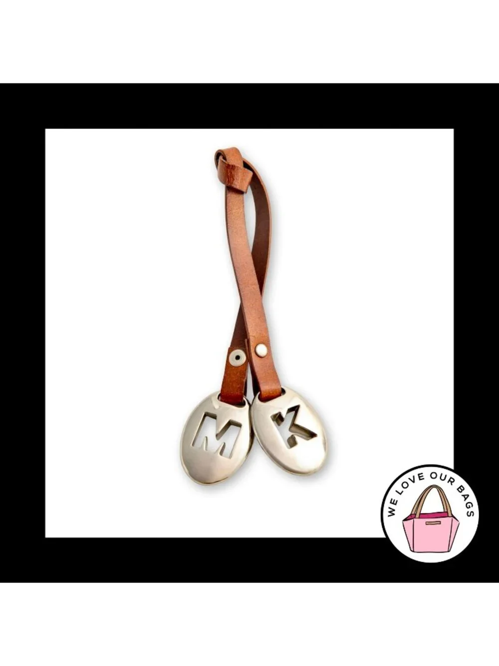 MICHAEL KORS Silver Metal Brown Leather Strap Bag Charm Hang Tag Keychain Fob